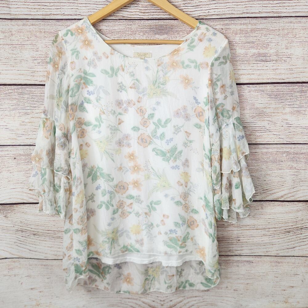 Giusy Silk Ruffle Sleeve Top Women’s Medium Floral Boho Peasant Fairycore Spring